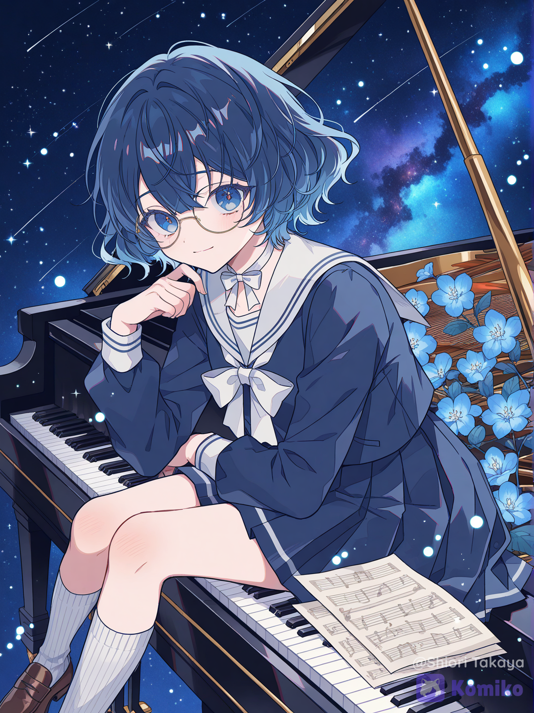 [cyber-candy-style], playing piano, upper body, @yume-mizuhara-TOAC, cosmic background, blue flower frame