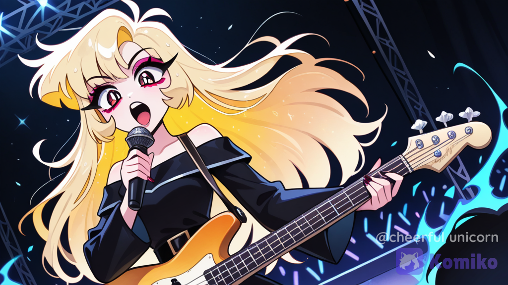 retro style, A darkness Magic cinematic and crazy framing of a female witch character With microphone in your hands, Messy hair,with blonde hair, a female character from Hazbin Hotel Style mix styles, and a black dress with long shoulders, face in focus. With 4 Mans 3 Mans bizarres in guitars eletric And another Man in bass