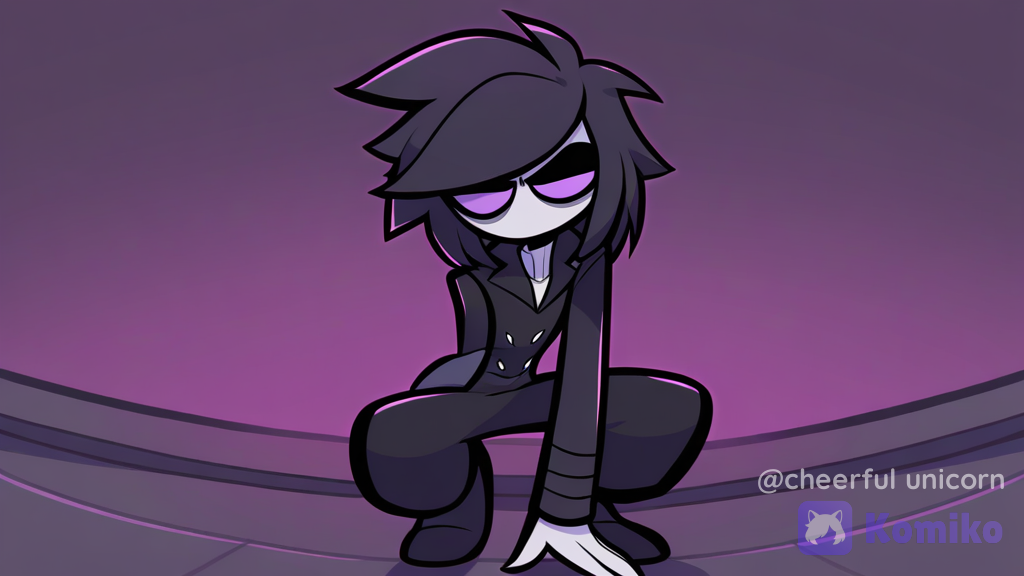 [pop-toon-style], hazbinhotel,A male character with messy, medium-length black hair in an emo style, purple eyes, wearing a long black turtleneck coat, black pants, pale skin, and a black devil mask, crouching in a ninja pose atop a building,In the midst of the gargoyles
