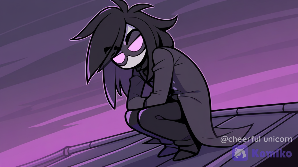 [pop-toon-style], hazbinhotel,A male character with messy, medium-length black hair in an emo style, purple eyes, wearing a long black turtleneck coat, black pants, pale skin, and a black devil mask, crouching in a ninja pose atop a building,In the midst of the gargoyles,night,Cinematic framing