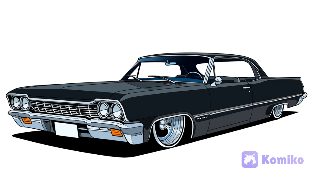 A oc zoophobia 2010s style art,a car Impala 67 Black color, White background velhice Focus no humans, veihcle design long a car, of The zoophobia,Anthropomorphic cat body Full body,flat color, vibrant webcomic style, 2010s, music video clip, zoophobia, vivziepop, Cartoon 2D Toon style, stylized proportions