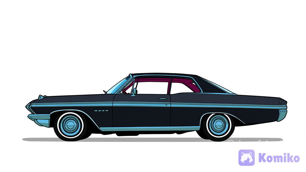 A oc zoophobia 2010s style art,a only The car car Impala 67 Black color, White background velhice Focus no humans, veihcle design long a car, of The zoophobia,Anthropomorphic cat body Full body,flat color, vibrant webcomic style, 2010s, music video clip, zoophobia, vivziepop, Cartoon 2D Toon style, stylized proportions