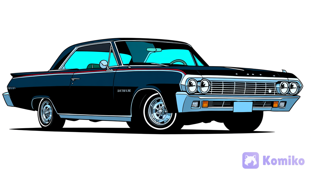 A oc zoophobia 2010s style art,a only The car car Impala 67 Black color, White background velhice Focus no humans, veihcle design long a car, of The zoophobia, cat body flat color, vibrant webcomic style, 2010s, music video clip, zoophobia, vivziepop, Cartoon 2D Toon style, stylized proportions
