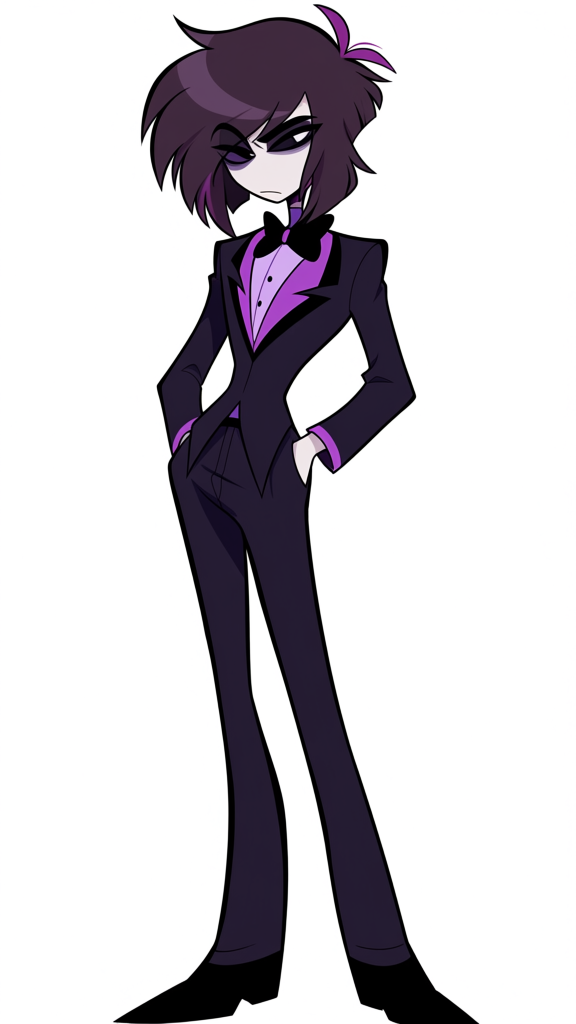 [hazbin-hotel-style], 1boy Black hair messy hair medium hair emo hairstyle Black eyes Black tuxedo Black pants Black shoes, Full body,Black colors And purple, hazbin hotel oficial style art,color, screencap hazbin hotel