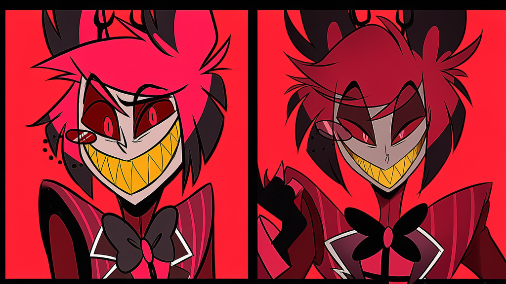 Alastor_The_Radio_Demon Body facing forward,official Hazbin Hotel screencap,1character back view,smile,scene of The EP pilot hazbin hotel