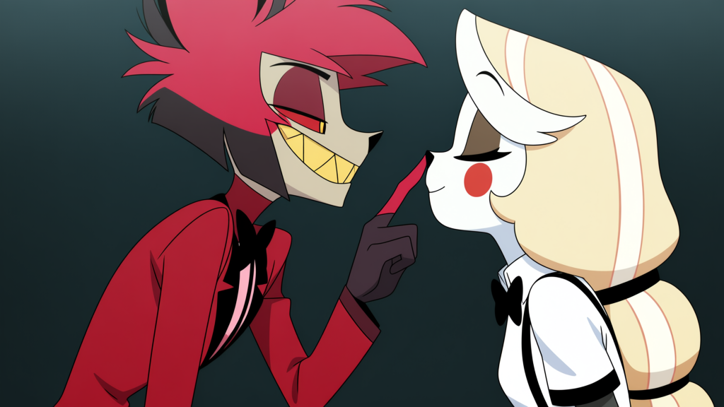 [flat-anime-style], a Charlie morningstar White shirt With black buttons, black suspenders, black pants, white skin, yellow sclera black pupils, long blonde hair, slim body From hazbin hotel EP pilot hazbin hotel,And Alastor from hazbin hotel Red Suit tuxedo Red pants beige skin Red hair animal large ears closed eyes Red sclera,slim body,Alastor Touching Charlie Morningstar's nose with his index finger.