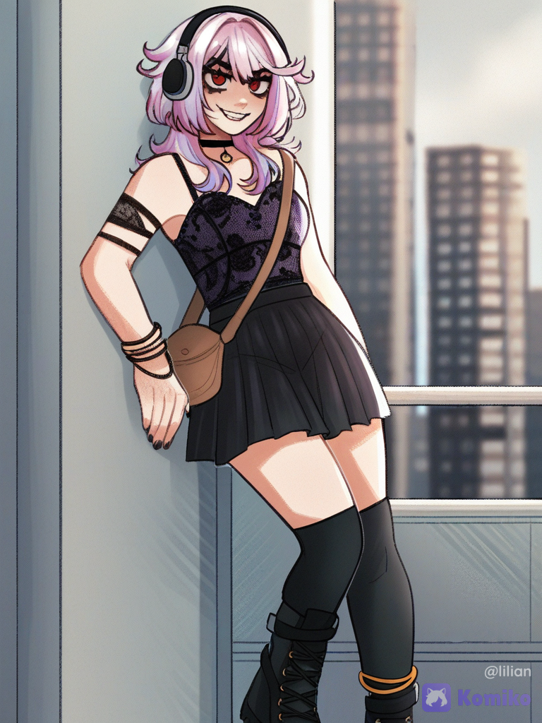 [soft-shaded-moe-style], 1girl, leaning against wall, lace blouse black, pleated skirt black, headphones, anklet, arm bands, crossbody bag, hairband, choker, knee-high socks, pastel hair color purple, combat boots, day, skyscraper, evil smile, red eyes