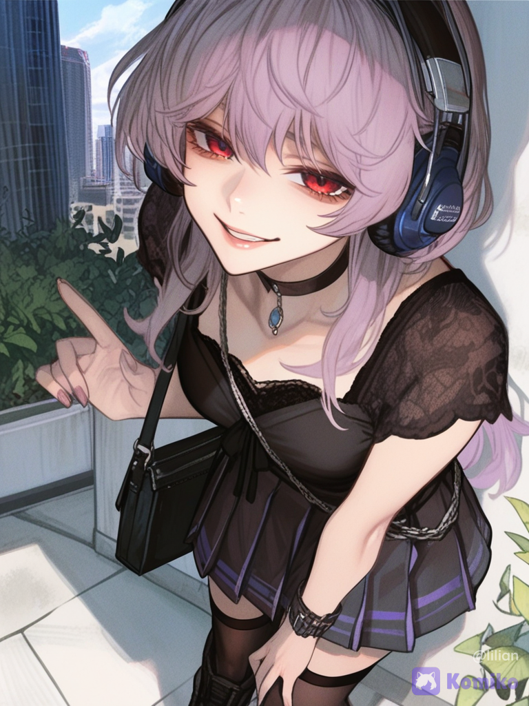 [semi-realistic-portrait-style], 1girl, leaning against wall, lace blouse black, pleated skirt black, headphones, anklet, arm bands, crossbody bag, hairband, choker, knee-high socks, pastel hair color purple, combat boots, day, skyscraper, evil smile, red eyes