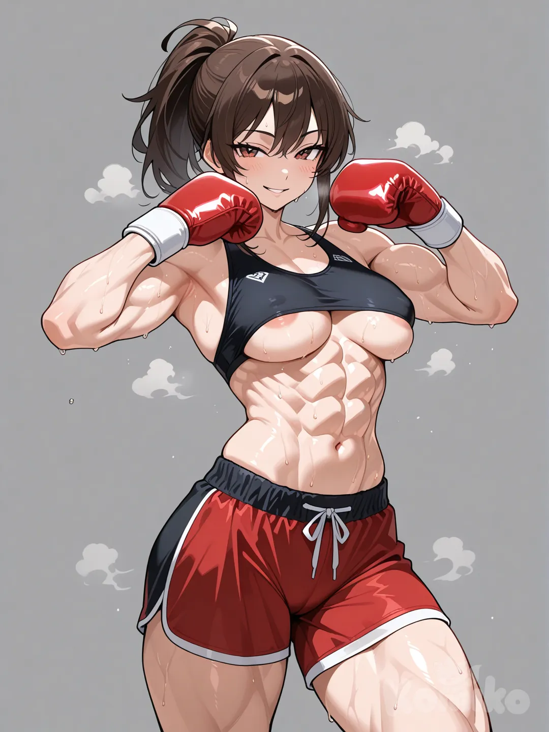 Porn. Nsfw. Mujer boxeadora, tetas medianas y naturales con cuerpo atlético y fuerte, en pose sexy y sudada. Con ropa de boxeo ajustada.