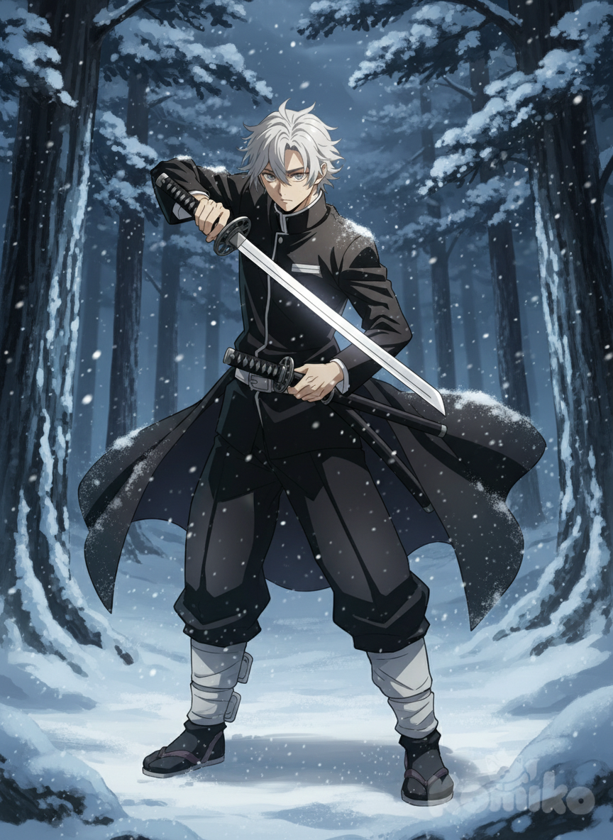 <tsukasa-haruki-KO8U>, anime coloring, demon slayer uniform, black haori, holding sword, full body, night, forest, snowy, anime style