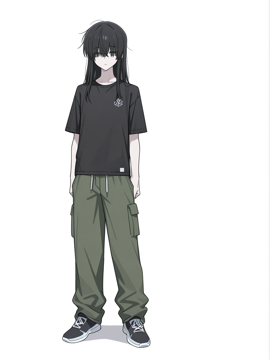 [toon-shaded-style] 1boy, [radiant-coating-style], athletic, teenager, pale skin, long hair, black hair, hair over eyes, grey eyes, black t-shirt, cargo pants, cel shading, single character, full body, looking at viewer, anime style, simple background, white background