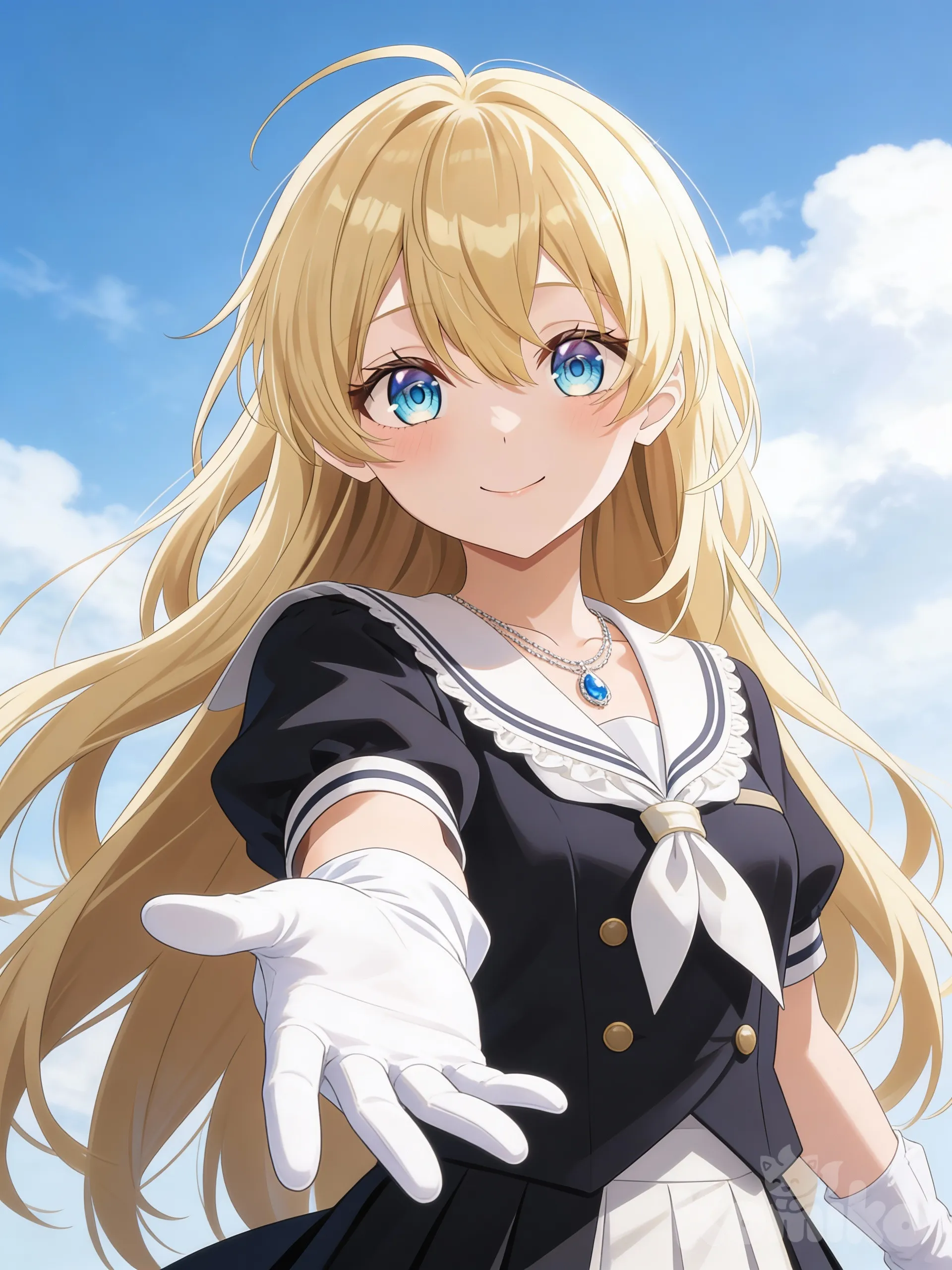 bright_anime_style、可愛い、制服、清楚、手を差し伸べる、優しい笑顔、白い手袋