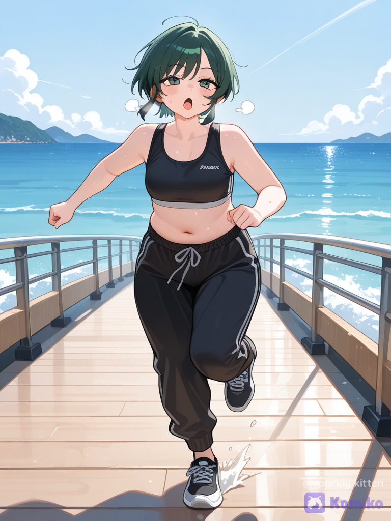 Mujer madura regordeta nivel 4, con pechos pequeños, cabello corto verde oscuro, ojos verdes, vistiendo un top deportivo negro, pantalón deportivo olgado color negro, zapatillas negras, corriendo en el malecón junto al mar. Imagen de frente cuerpo completo.