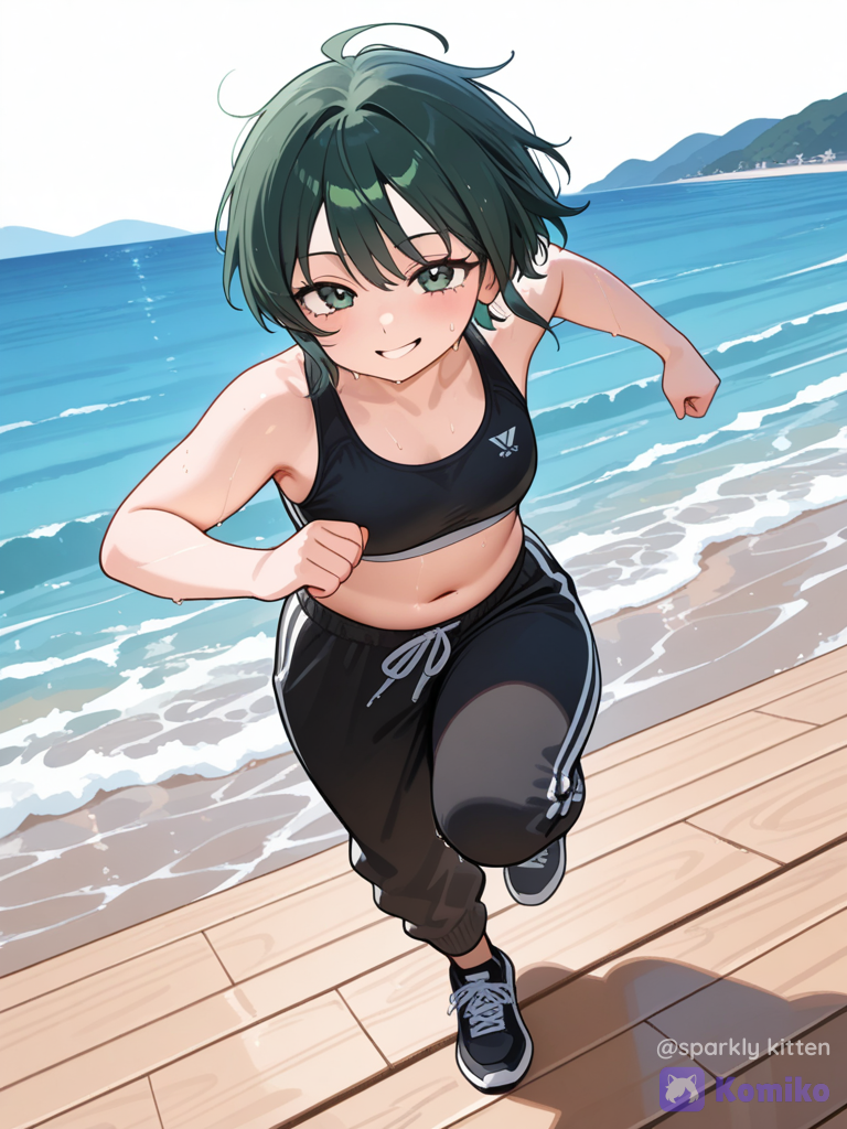 Mujer madura regordeta nivel 4, con pechos pequeños, cabello corto verde oscuro, ojos verdes, vistiendo un top deportivo negro, pantalón deportivo olgado color negro, zapatillas negras, corriendo en el malecón junto al mar. Imagen de frente cuerpo completo.