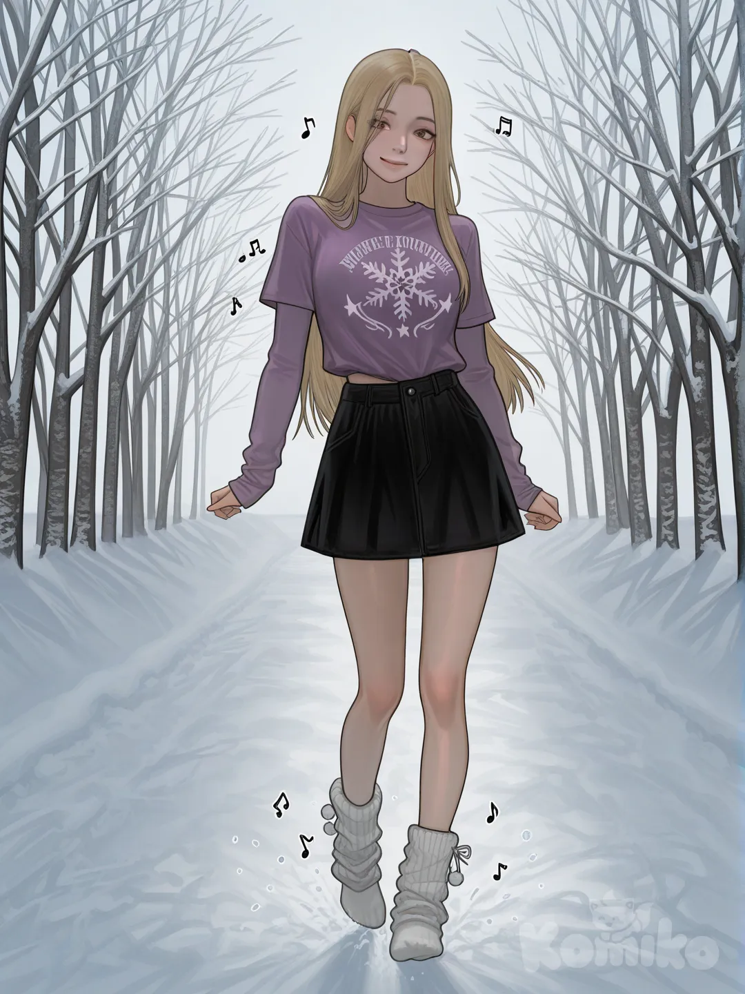 An ultra-photograph shows a full-length, athletic, beautiful, and slender 25-year-old woman with a realistic body. capturing a stunning woman stand with super-long, straight blonde hair Her brown eyes radiate confidence with a radiant smile She wears a tight, short-sleeved ´purple T-shirt that reads "❤️Arcy❤️" and a black miniskirt . The background is adorned with festive elements, such as snow-covered trees, twinkling lights, and a cozy cottage, which radiates warmth and holiday cheer. A touch of magic seems to be in the air, as if the snowflakes themselves are dancing to the rhythm of the season. El fondo realza la silueta de la mujer. Su cabello luce liso y bien definido, con suaves notas musicales y el nombre "Luis Arcy" flotando suavemente alrededor de sus pies. showcasing his impressive musical talent. This refined and timeless portrait, [digital-painterly-style]