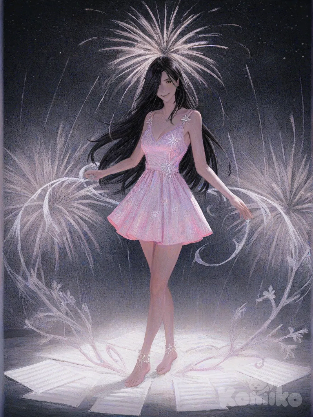 An ultra-photograph shows a full-length, athletic, beautiful, and slender 25-year-old woman with a realistic body. capturing a stunning woman stand with super-long, straight black hair Her brown eyes radiate confidence with a radiant smile She is wearing a short black and pink, shiny satin dress with a deep V neckline. The woman has long dark hair and is looking directly into the camera with a confident expression. adorned with glittering snowflakes. Set against a magical backdrop of colored lights and fireworks adorned with festive stars, snowflakes, and mistletoe, creating a playful and flirtatious atmosphere. The background is filled with a striking starry sky, adding depth and enchantment to the image. Festive decorations enhance the Christmas theme, transforming the scene into a captivating and unforgettable holiday memory. Su cabello luce liso y bien definido, con suaves notas musicales y el nombre "Luis Arcy" flotando suavemente alrededor de sus pies reflejando su pasión por la música y el arte., [gothic-oil-painting-style]