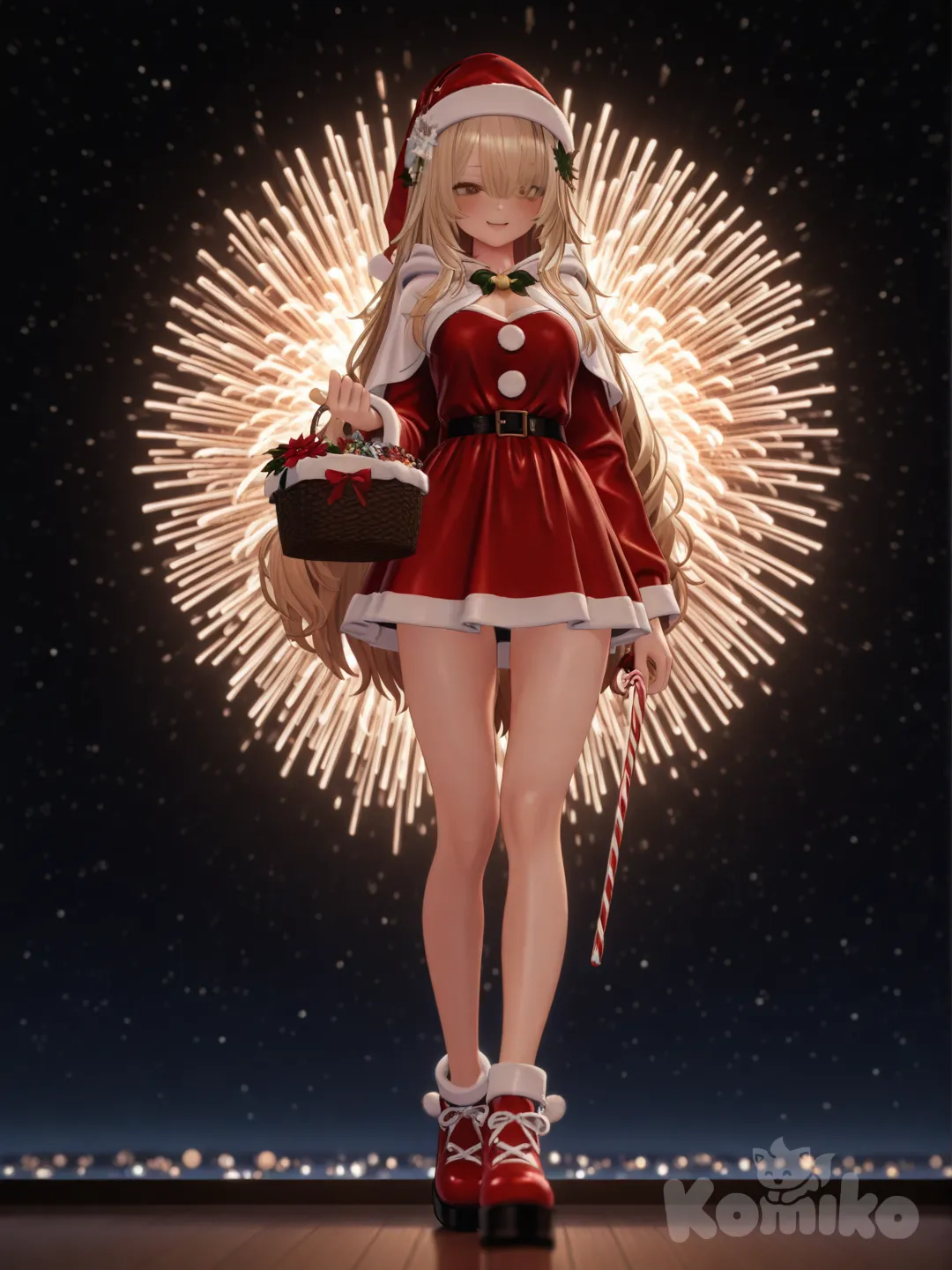 An ultra-photograph shows a full-length, athletic, beautiful, and slender 25-year-old woman with a realistic body. capturing a stunning woman stand with super-long, straight blonde hair Her brown eyes radiate confidence with a radiant smile in a striking dark red and white mini ensemble, patterned with elegant poinsettias, evoking the spirit of the holidays. She is adorned with a fluffy white hood and a jingling Santa hat, its bell subtly catching the warm light, while she holds a swirling candy cane in one hand and a generously overflowing basket of wrapped gifts in the other. The overall scene is bathed in a warm, inviting light, enhancing the captivating and heartwarming essence of the holiday season Set against a magical backdrop of colored lights and fireworks adorned with festive stars, snowflakes, and mistletoe, creating a playful and flirtatious atmosphere. The background is filled with a striking starry sky, adding depth and enchantment to the image. Festive decorations enhance the Christmas theme, transforming the scene into a captivating and unforgettable holiday memory. Su cabello luce liso y bien definido, con suaves notas musicales y el nombre "Luis Arcy" flotando suavemente alrededor de ella reflejando su pasión por la música y el arte., [3d-anime-style]