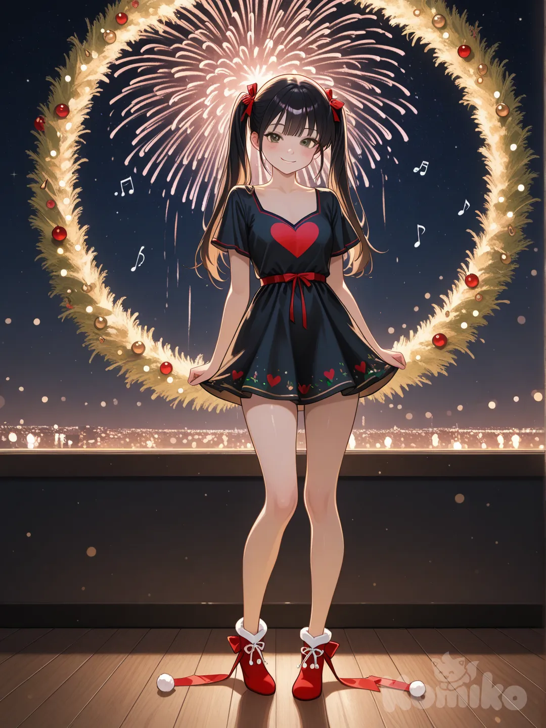 An ultra-photograph shows a full-length athletic young woman with long, vibrant black hair in pigtails. Her brown eyes radiate confidence with a radiant smile She stands gracefully in a flowing black mini dress playfully adorned with turquoise and red heart motifs, her posture conveying assurance as she looks directly at the viewer. Set against a magical backdrop of colored lights and fireworks adorned with festive stars, snowflakes, and mistletoe, creating a playful and flirtatious atmosphere. The background is filled with a striking starry sky, adding depth and enchantment to the image. Festive decorations enhance the Christmas theme, transforming the scene into a captivating and unforgettable holiday memory. Su cabello luce liso y bien definido, con suaves notas musicales y el nombre "Luis Arcy" flotando suavemente alrededor de sus pies reflejando su pasión por la música y el arte.