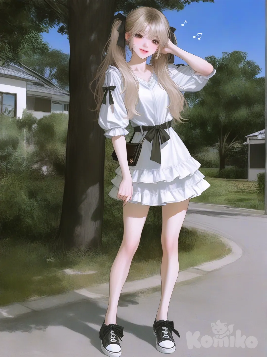 An ultra-photograph shows a full-length athletic young woman de 25 años, hermosa, con un cuerpo realista. with long, vibrant blonde hair in pigtails. Her brown eyes radiate confidence with a radiant smile She wears a denim white and black short dress with a tied bow on the shoulder and a belt around her waist. The dress has a ruffled hem. The woman has long brown hair and is posing with one hand resting on her head as she looks into the camera. In the background, there are trees, buildings, and a clear sky. Su cabello luce liso y bien definido, con suaves notas musicales y el nombre "Luis Arcy" flotando suavemente alrededor de sus pies reflejando su pasión por la música y el arte., [semi-realistic-portrait-style]