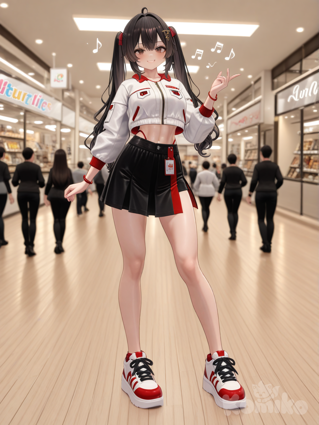 A full-length, ultra-detailed 4K photograph depicting a young, athletic woman in her 20s with long, vibrant black hair tied back in pigtails. Her brown eyes radiate confidence with a radiant smile, and her body is lifelike. She stands in a bustling shopping mall, illuminated by warm, inviting light, effortlessly wearing a short white jacket with striking "ARCY" embroidery in bold red, complemented by a chic black miniskirt with a daring slit, and crisp white platform sneakers with bright red soles. A delicate musical note is held near her waist, adorned with cheerful red bracelets. At her feet, intertwined, dancing musical notes swirl around the elegant 3D text "Luis Arcy," creating a festive atmosphere, while the background subtly hints at the mall's activity with blurred figures and colorful shop windows.