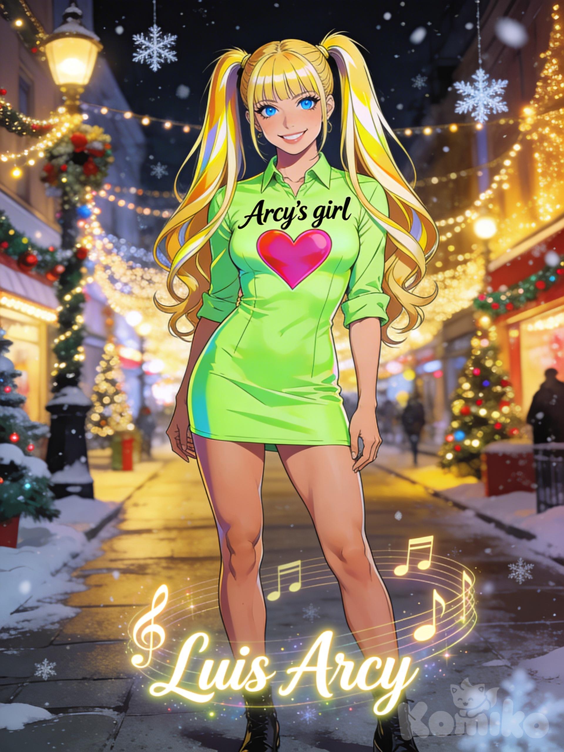 An ultra-detailed photograph shows a full-length athletic young woman de 25 años, hermosa, con un cuerpo realista. with long, vibrant blonde hair in pigtails. Her brown eyes radiate confidence with a radiant smile  exudes an irresistible presence. Her long, wavy hair boasts blonde highlights, accentuating her mesmerizing blue eyes. Dressed in a fitted green neon shirt dress, the text "Arcy's girl" is elegantly written in black lettering above a vibrant heart, adding a touch of personal flair. The city street behind her is illuminated by twinkling Christmas lights, snowflakes, and festive decorations, creating a warm and inviting atmosphere. The golden light envelops the scene, evoking a sense of serenity and joy, Su cabello luce liso y bien definido, con suaves notas musicales y el nombre "Luis Arcy" flotando suavemente alrededor de sus pies reflejando su pasión por la música y el arte.