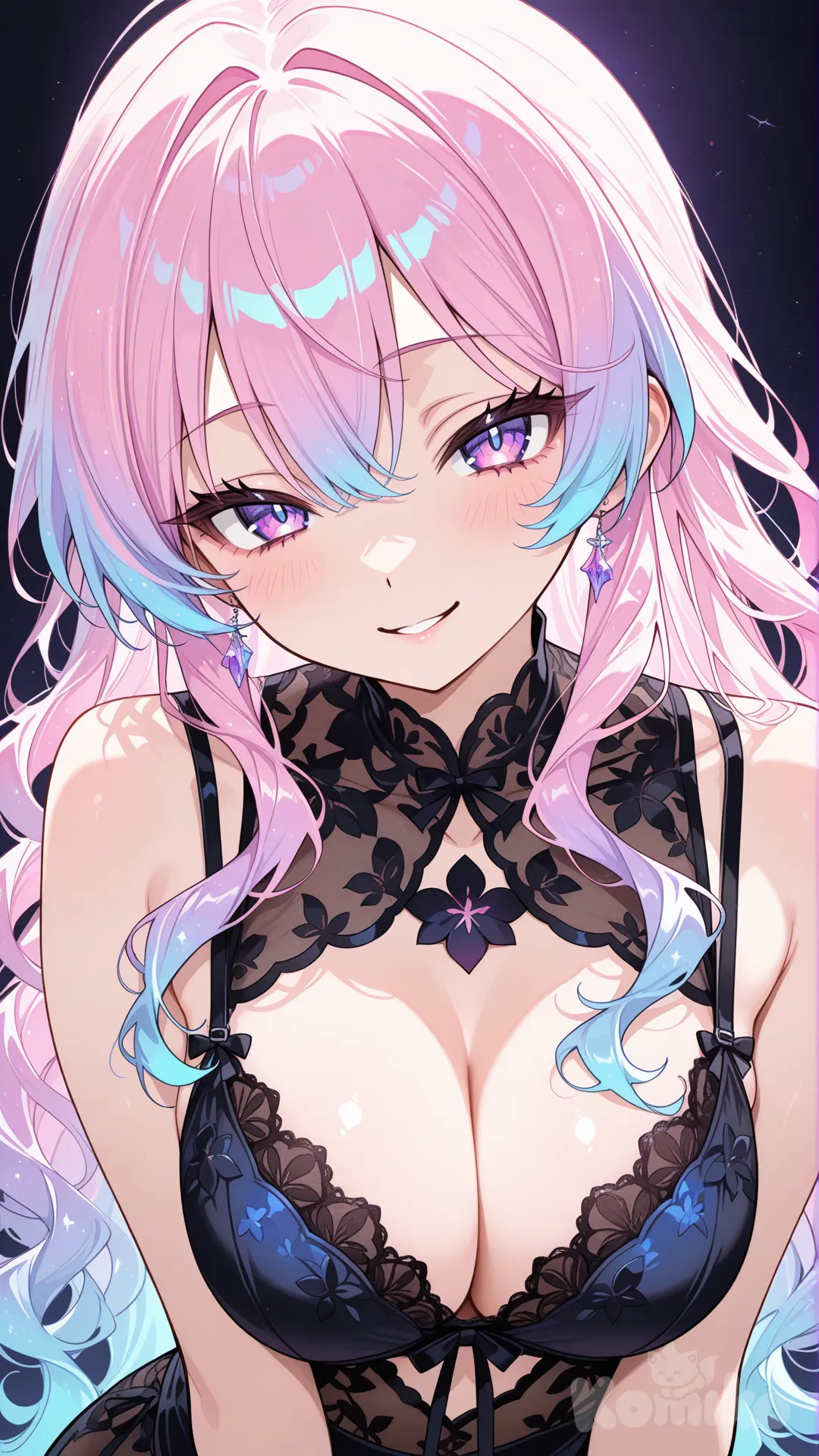 ADULTA 1girl, seductive pose, wearing lingerie, teasing smile, anime_style, colorful hair, ultra-