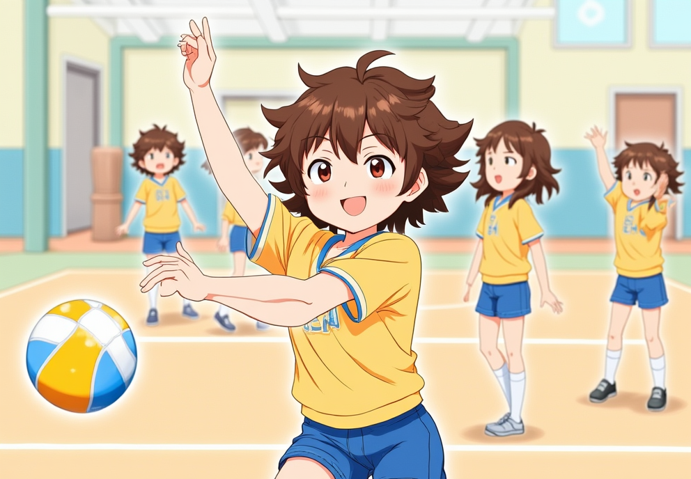 Character 0 is Maria, description: A 12-year-old girl with curly brown hair, olive skin, and bright brown eyes. She wears a yellow school uniform shirt and blue shorts. Maria has a shy expression and slightly hunched posture..
Maria confidently serves the volleyball on a school court. She has a big smile and an improved posture. Teammates cheer for her in the background, anime style with soft pastel color and soft lighting