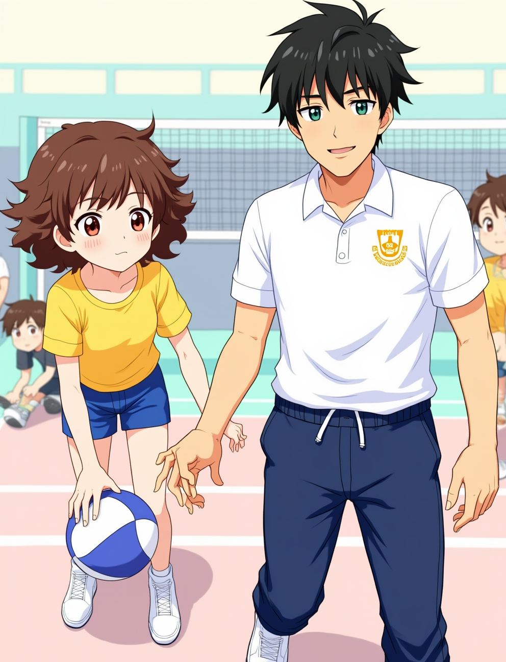 Character 0 is Maria, description: A 12-year-old girl with curly brown hair, olive skin, and bright brown eyes. She wears a yellow school uniform shirt and blue shorts. Maria has a shy expression and slightly hunched posture..
Character 1 is Coach Silva, description: A 35-year-old man with short black hair, tanned skin, and a friendly smile. He wears a white polo shirt with the school logo, navy blue track pants, and white sneakers. Coach Silva has an encouraging and energetic demeanor..
Maria hesitantly holds the volleyball, with Coach Silva demonstrating proper serving technique. They are on a volleyball court with other students visible in the background, anime style with soft pastel color and soft lighting