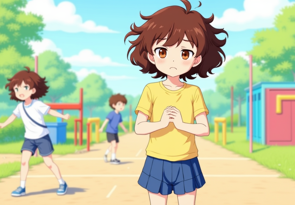 Character 0 is Maria, description: A 12-year-old girl with curly brown hair, olive skin, and bright brown eyes. She wears a yellow school uniform shirt and blue shorts. Maria has a shy expression and slightly hunched posture..
Maria stands alone in a school playground, looking timid and uncomfortable. Other students are playing sports in the background. The playground has colorful equipment and a sunny sky overhead, anime style with soft pastel color and soft lighting