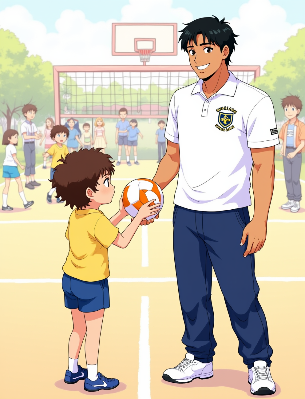Character 0 is Maria, description: A 12-year-old girl with curly brown hair, olive skin, and bright brown eyes. She wears a yellow school uniform shirt and blue shorts. Maria has a shy expression and slightly hunched posture..
Character 1 is Coach Silva, description: A 35-year-old man with short black hair, tanned skin, and a friendly smile. He wears a white polo shirt with the school logo, navy blue track pants, and white sneakers. Coach Silva has an encouraging and energetic demeanor..
Coach Silva approaches Maria with a friendly smile, holding a volleyball. The school playground is still visible in the background with other students playing, anime style with soft pastel color and soft lighting