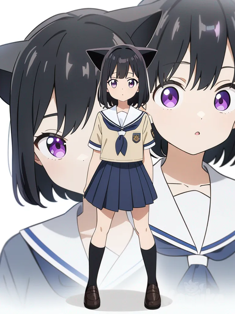 1girl, anime coloring, teenager, petite, black hair, purple eyes, fair skin, school uniform, cat ears, single character, full body, looking at viewer, anime style, simple background, white background