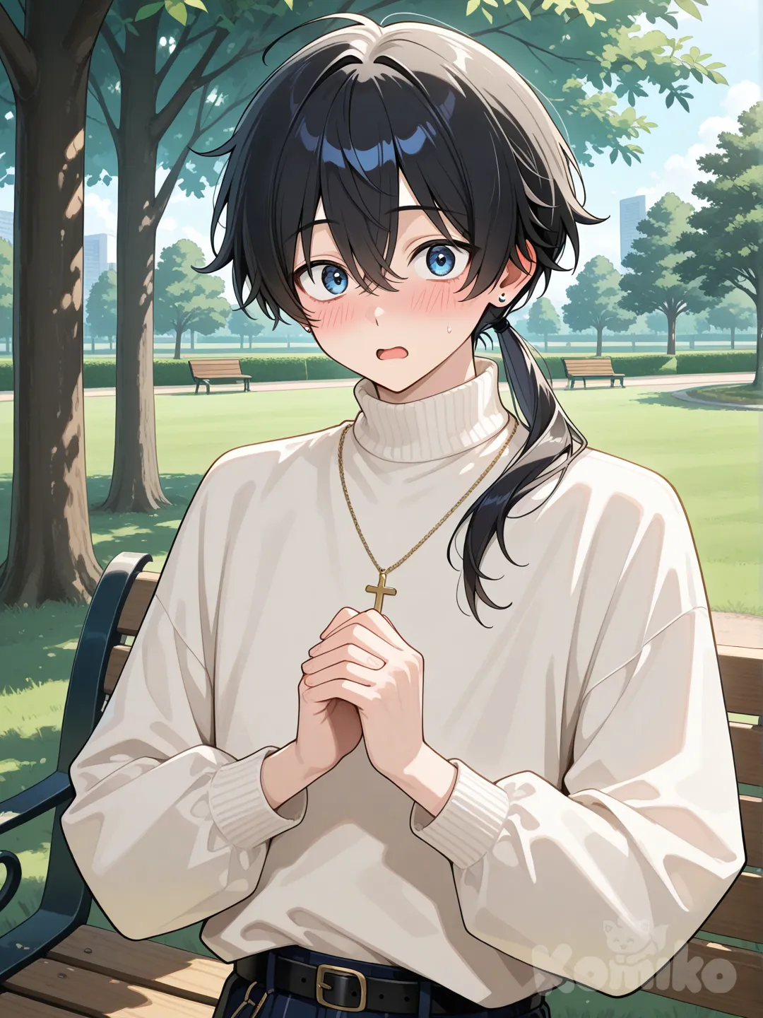 Japanese boy black hair, low ponytail, blue eyes, white turtle neck shirt, cross necklace, shy, stud earrings, surprised, blush, park, open mouth, own hands together