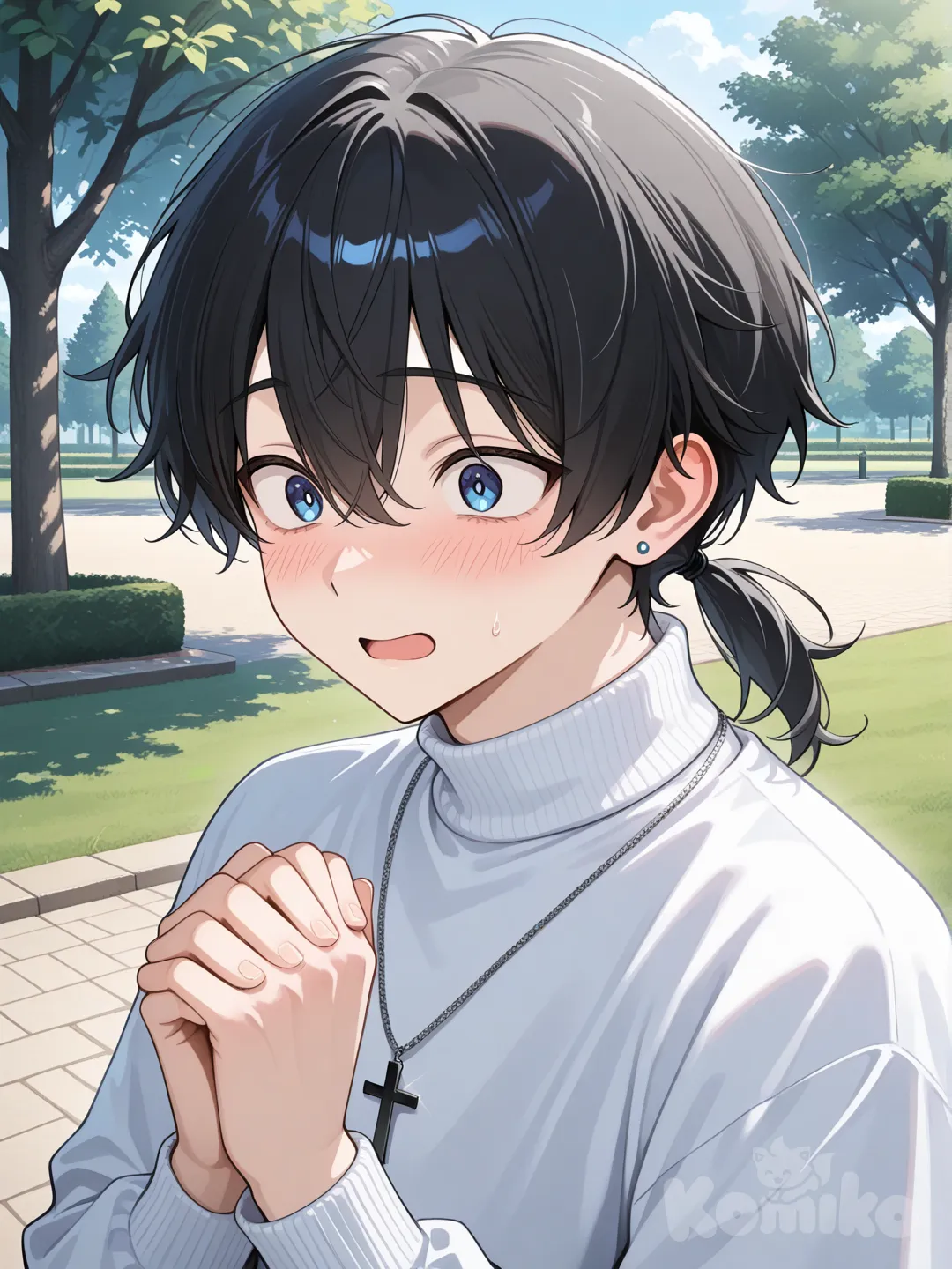 Japanese boy black hair, low ponytail, blue eyes, white turtle neck shirt, cross necklace, shy, stud earrings, surprised, blush, park, open mouth, own hands together
