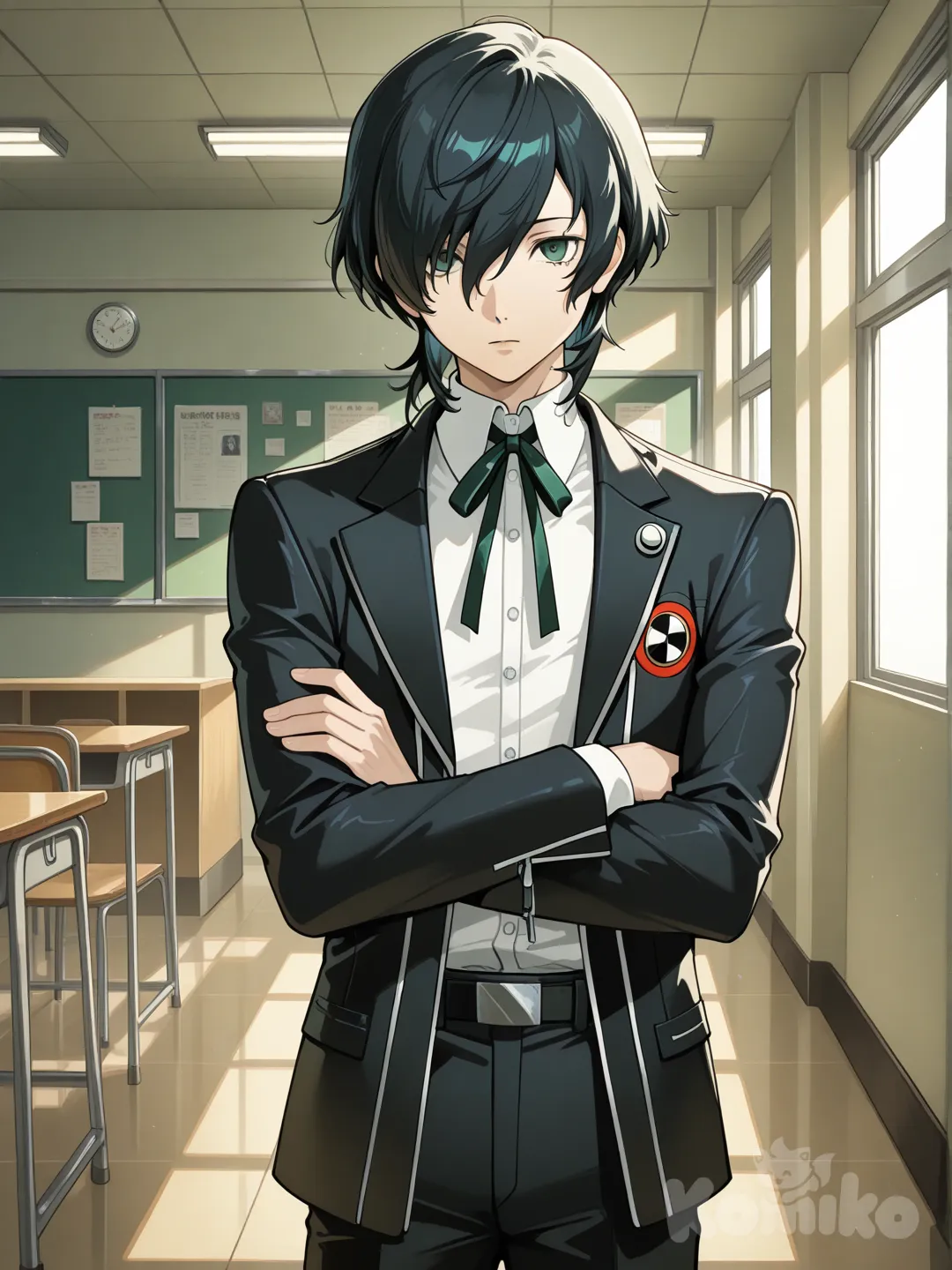 Japanese male with medium length jet black hair, green eyes, gekkoukan high school uniform from persona 3, expressionless, crossed arms, school