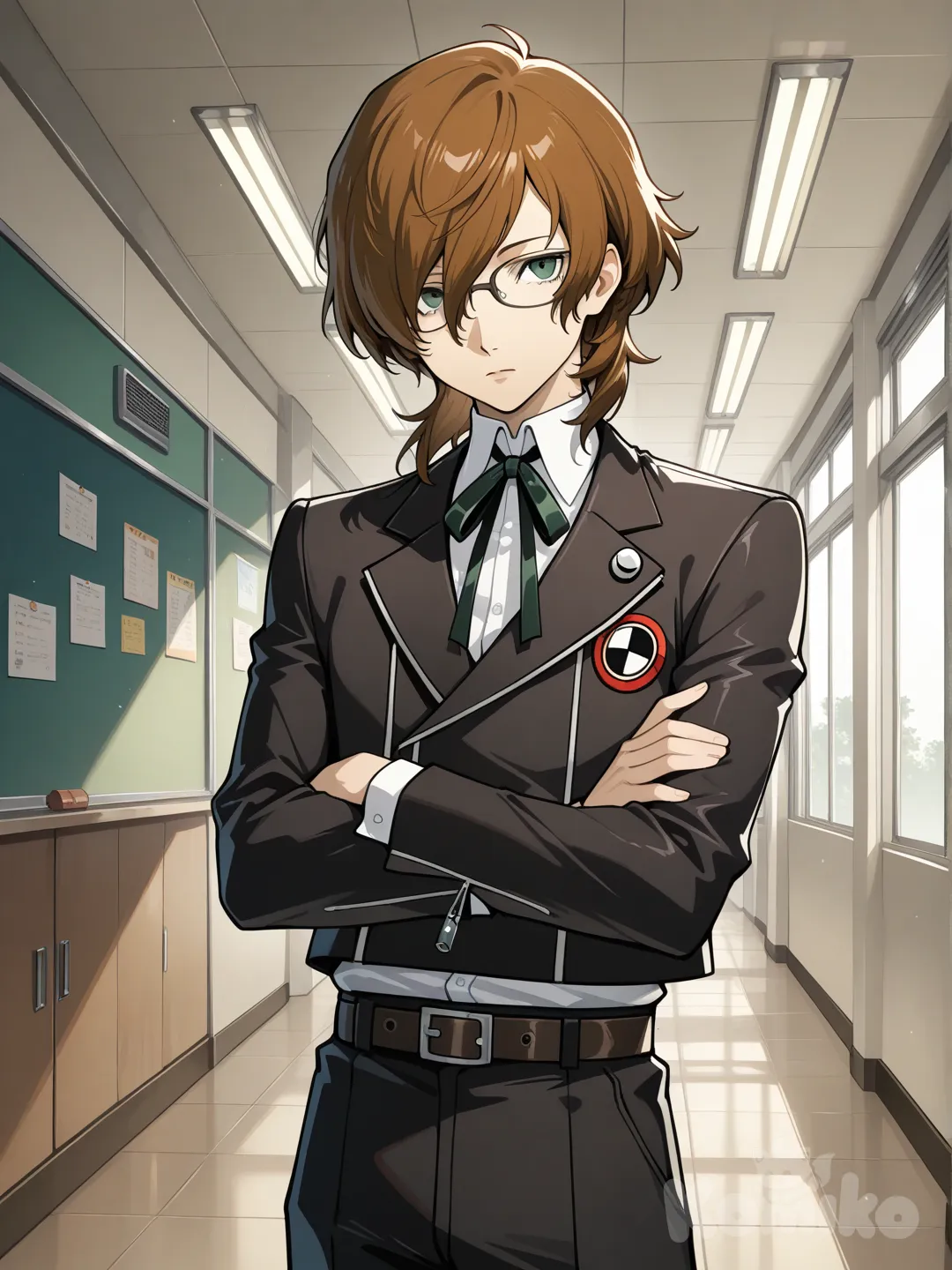 Japanese male with medium length brown hair, glasses, green eyes, gekkoukan high school uniform from persona 3, expressionless, crossed arms, school