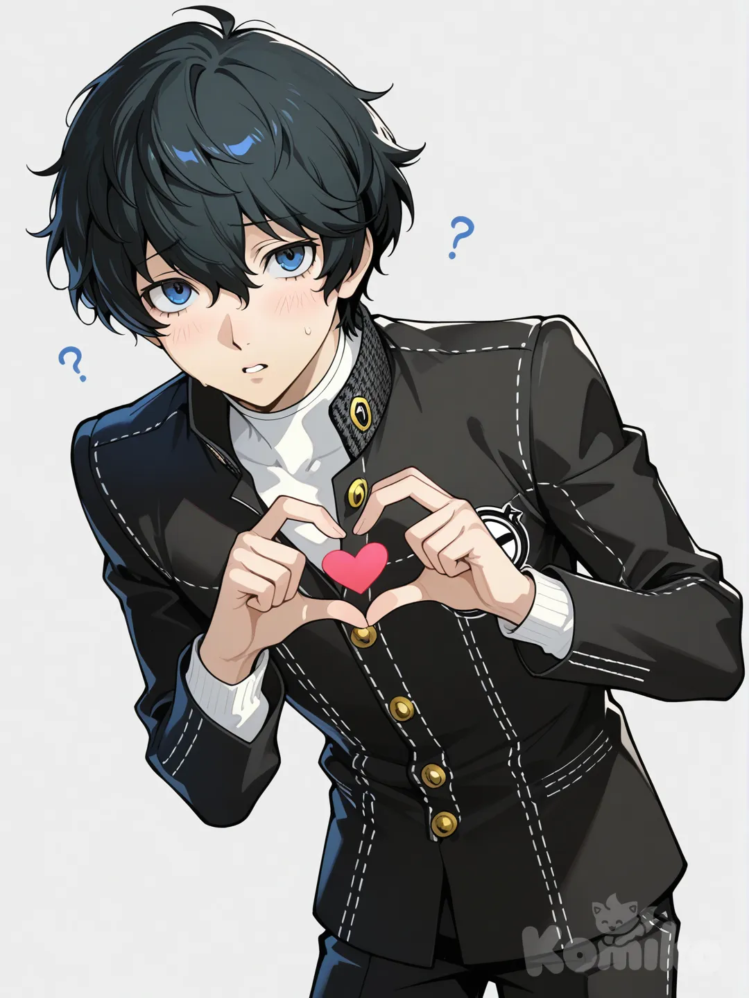 Japanese boy, black hair, blue eyes, yasogami high school uniform from persona, confused, leaning, innocent face, heart hands