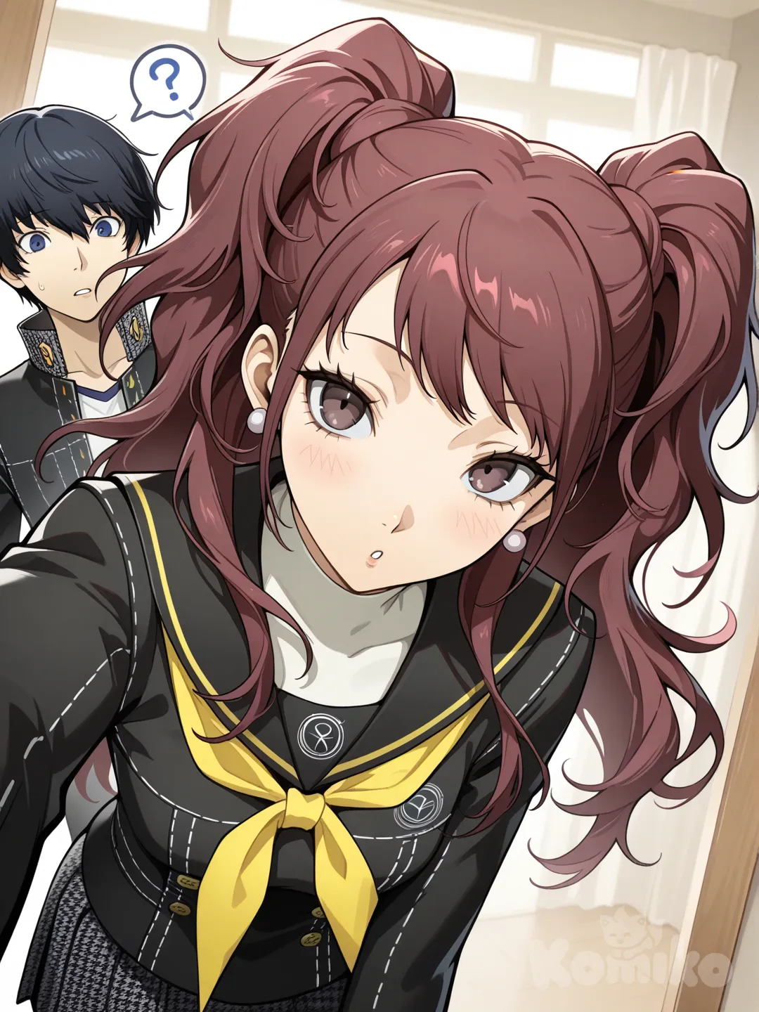 Japanese boy, black hair, blue eyes, yasogami high school uniform from persona, confused, leaning, innocent face, 2 people, kujikawa rise, selfie