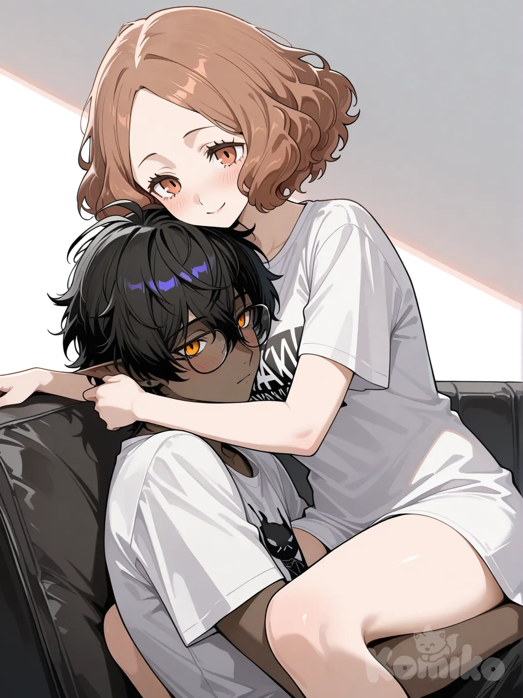 japanese male, dark skin, glasses, orange eyes, thorns (arknights), messy black hair, white t shirt, 2people, okumura haru, smile, persona style, sitting on lap, leaning on person, cuddling