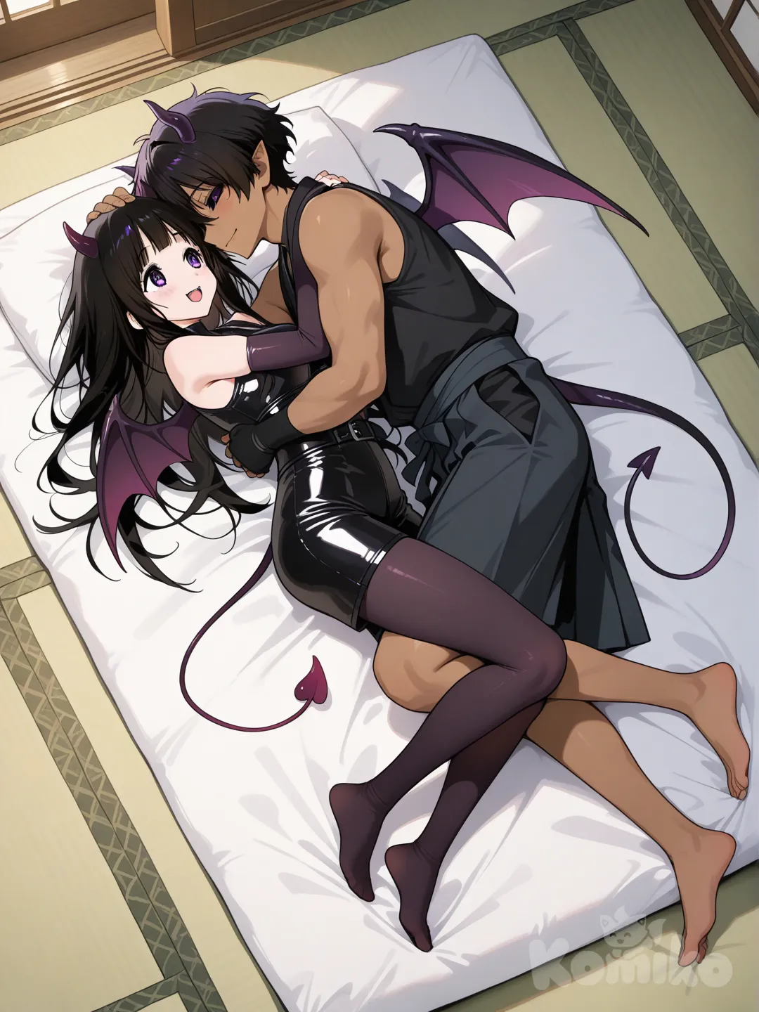 japanese male, pointy ears, dark skin, black hair purple eyes, demon horns, fangs, demon tail, demon wings, black sclera, sleeveless black bodysuit, smile, hakama shorts with leggings underneath, inn room, fingerless long black arm warmer gloves
1boy, 1girl, chitanda eru, headpat, full body, cuddling