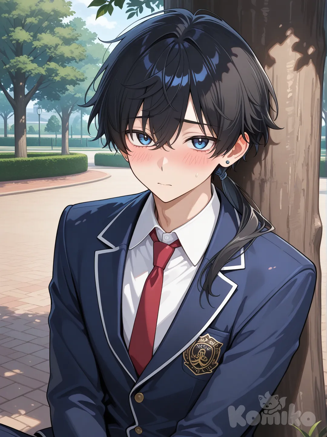 Japanese boy, long black hair, low ponytail, blue eyes, school uniform, blazer, red tie, stud earrings, park, shy, sitting against tree