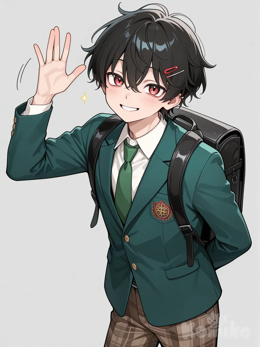 Teen suzuya juuzou, messy black hair, smile, red eyes, red hairpin, green blazer, green tie, brown plaid pants, arm behind back, waving, backpack