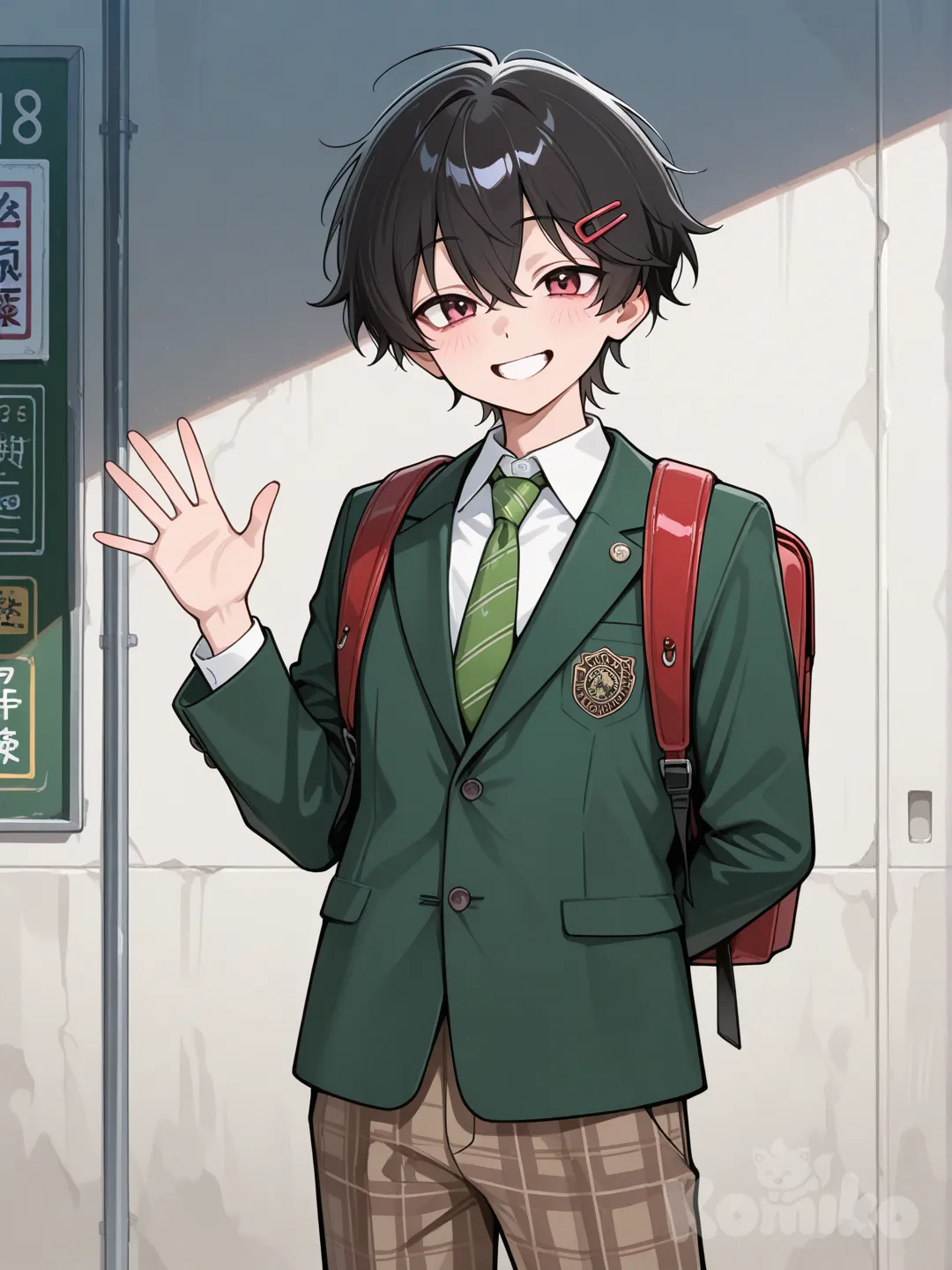 Teen suzuya juuzou, messy black hair, smile, red eyes, red hairpin, green blazer, green tie, brown plaid pants, arm behind back, waving, backpack