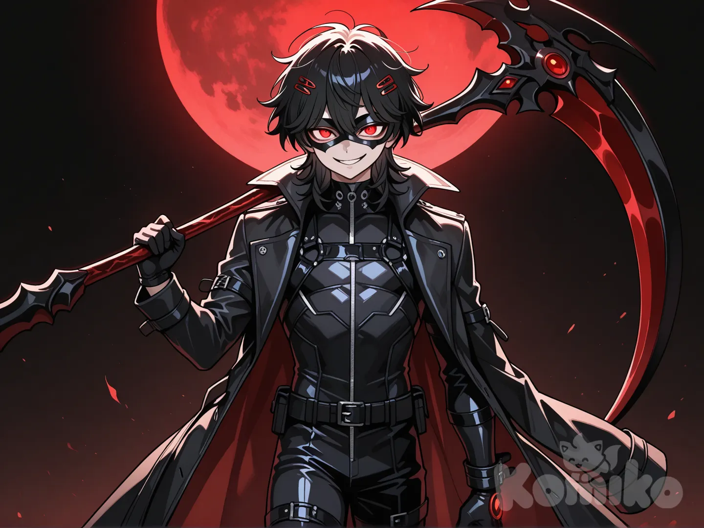 Young, Suzuya juuzou, medium length messy black hair, evil smile, glowing red eyes, black trench coat, black bodysuit undershirt, reaper domino mask, holding scythe, red hairpin, weapon over shoulders, crimson moon background