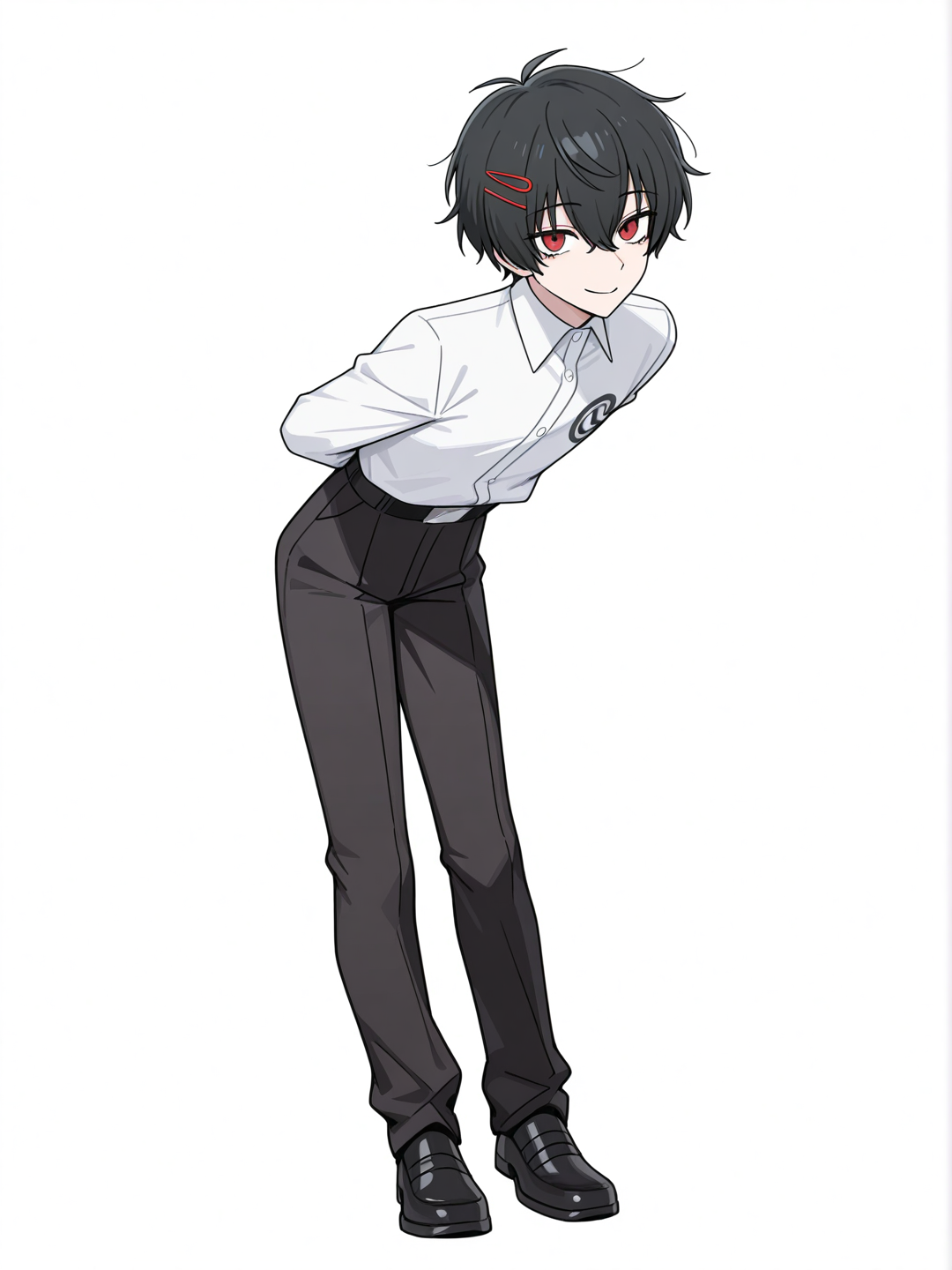 [toon-shaded-style] 1boy, suzuya juuzou, teen, messy black hair, smiling, red eyes, red hairpin, shujin academy uniform, leaning, arms behind back, persona style, single character, full body, looking at viewer, simple background, white background