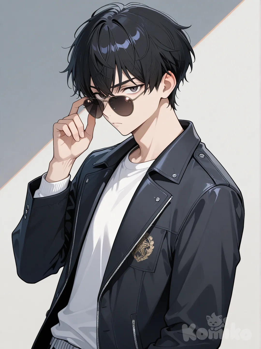 Male, short black hair, shades, black jacket, white shirt, grabbing glasses, serious, upper body