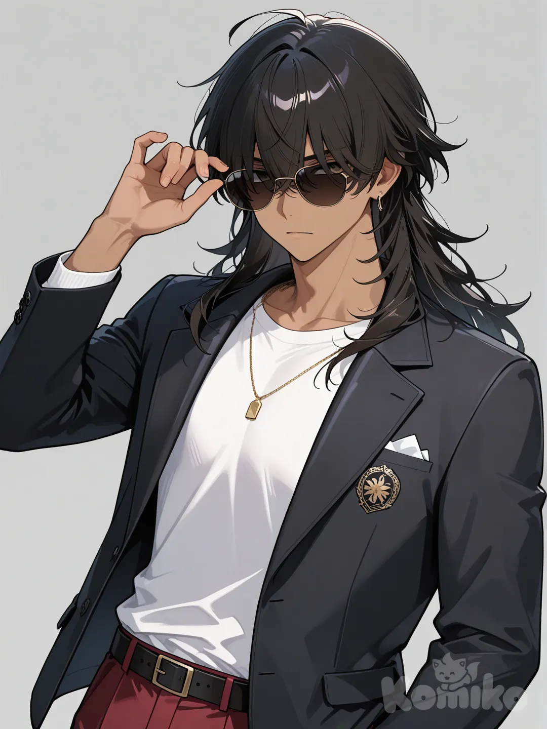 Male, long black hair, tan skin, shades, hazel eyes, black jacket, white shirt, grabbing glasses, serious, hair over eyes, red pants