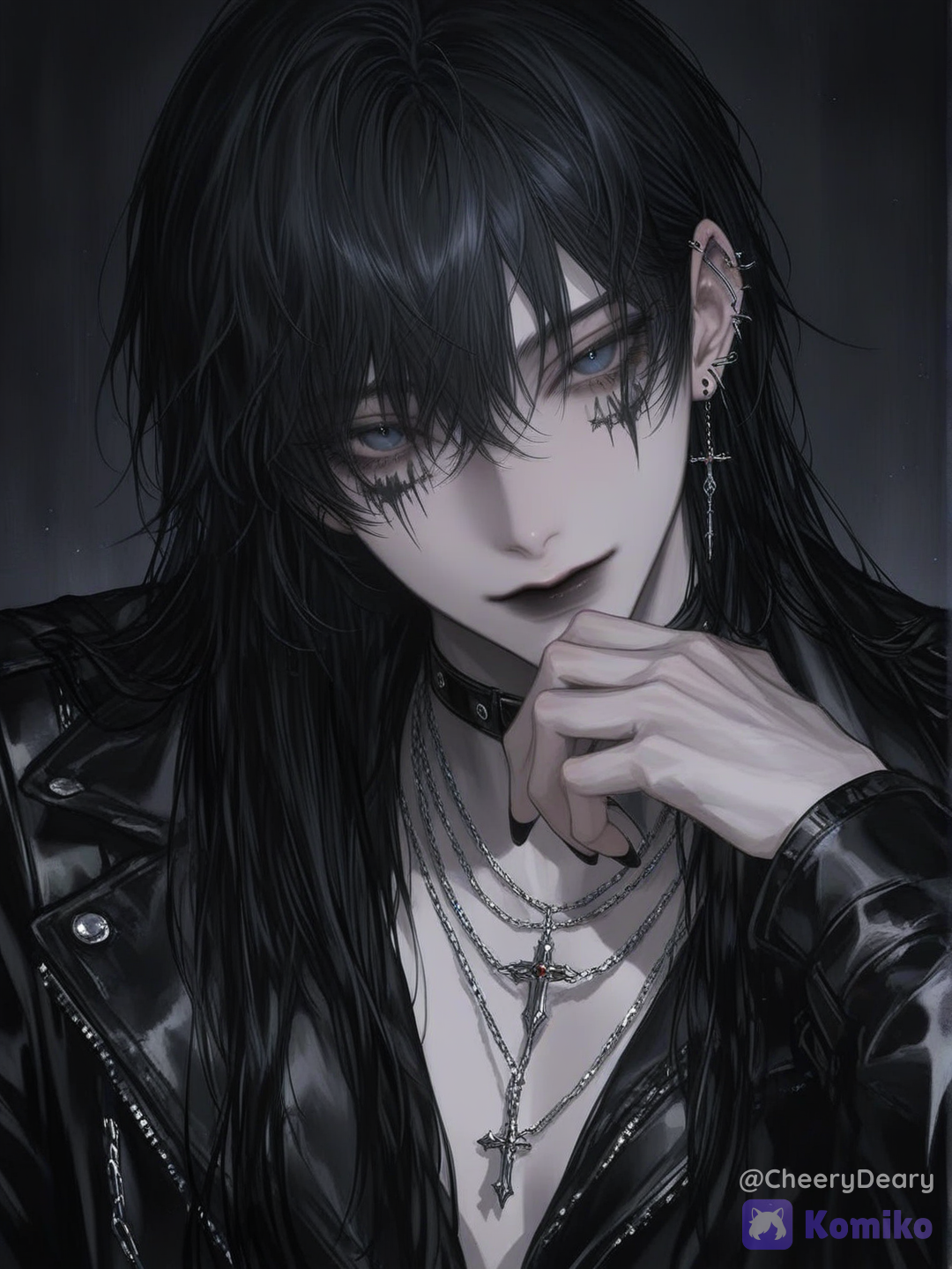 [silky-radiance-style], 1boy, tradgoth, goth, goth fashion, black eyeliner, black lips, white face paint, white face, pale skin, long hair, black hair, male_focus, bat (animal), cross necklace, solo, looking at viewer, black nails, blue eyes, single earring, masculine, straight hair, wolfcut, v-kei, chain, bishounen