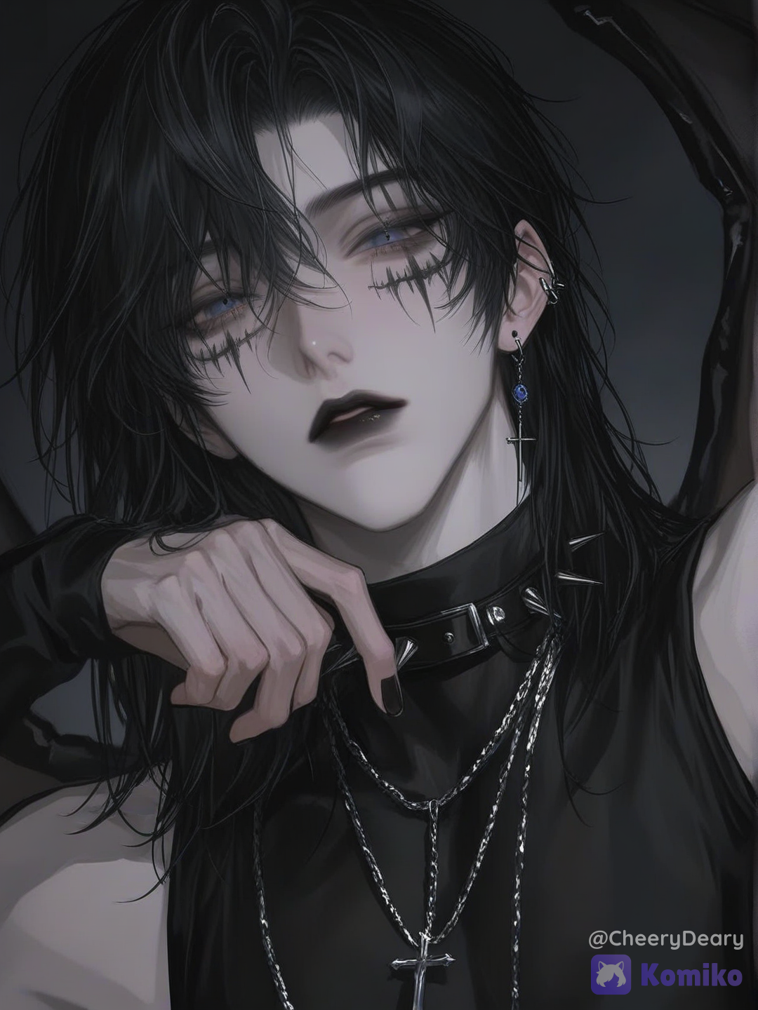 [silky-radiance-style], 1boy, tradgoth, goth, goth fashion, black eyeliner, black lips, white face paint, white face, pale skin, black hair, male_focus, bat (animal), cross necklace, solo, looking at viewer, black nails, blue eyes, single earring, masculine, straight hair, v-kei, chain, bishounen, black eyeshadow, sleeveless, turtleneck, medium hair