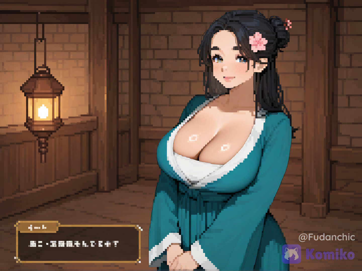@huyan-jie-Jhpi, standing, dialogue box, tavern background, soft lighting, smile, v arms, lantern, [classic-pixel-game-style], looking at viewer, retro artstyle