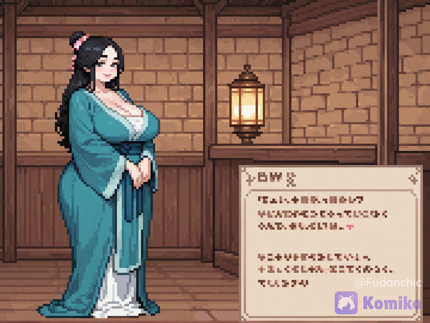 @huyan-jie-Jhpi, standing, dialogue box, tavern background, soft lighting, smile, v arms, lantern, [classic-pixel-game-style], looking at viewer, retro artstyle